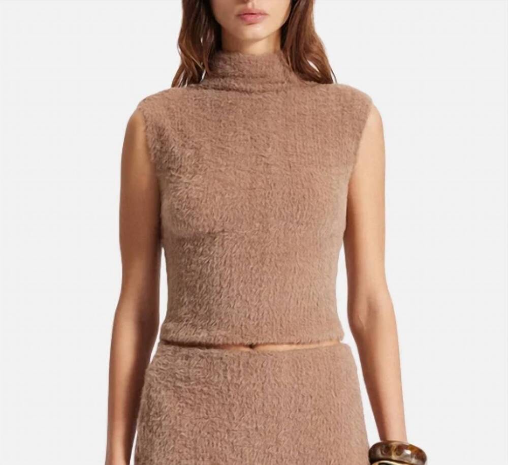 NEW THEO THE LABEL carme plush sleeveless mock neck top in cappucno